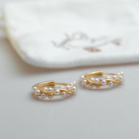 Sterling Silver Pearl Huggie Hoop Earrings: Dainty Minimalist Jewelry - Picture 6 of 7